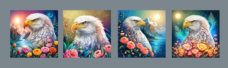 Stunning illustration of an eagle with a floral ornament. Multicolored surreal elements. close-up vector illustration.のイラスト素材