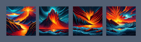 Volcano crater eruption with red-hot glowing magma, active volcanic explosion with lava, splashes, rocks, flashesのイラスト素材