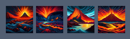 Volcano crater eruption with red-hot glowing magma, active volcanic explosion with lava, splashes, rocks, flashesのイラスト素材