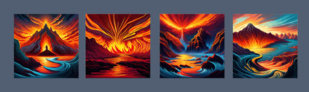 Volcano crater eruption with red-hot glowing magma, active volcanic explosion with lava, splashes, rocks, flashesのイラスト素材