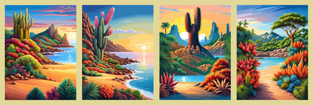 Cactus garden with a variety of succulents, cacti and other desert plants, with a blooming desert roseの写真素材