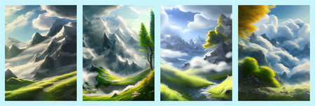 Flat natural view of green plants, flowers and mountains. spring landscape. spring landscape in green field colorfulの写真素材