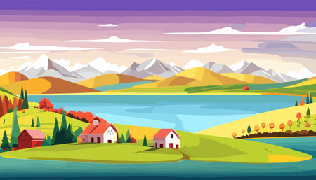 Vector illustration of a house in a rural area surrounded by panoramic meadows, mountains, and idyllic countryside.のイラスト素材