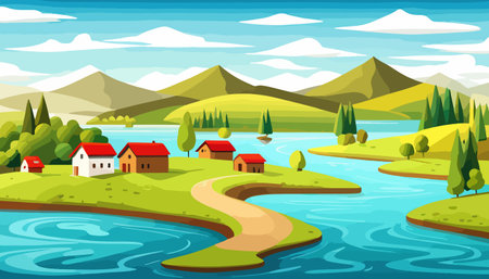 Vector illustration of a house in a rural area surrounded by panoramic meadows, mountains, and idyllic countryside.のイラスト素材