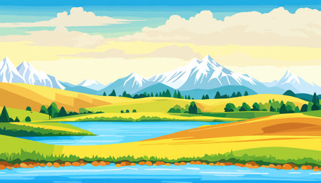 Vector illustration of a house in a rural area surrounded by panoramic meadows, mountains, and idyllic countryside.のイラスト素材