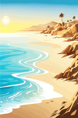 Top view of the summer sea beach. Top view of the ocean beach with soft waves. Beautiful background with shellsのイラスト素材