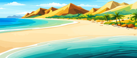 Top view of the summer sea beach. Top view of the ocean beach with soft waves. Beautiful background with shellsのイラスト素材