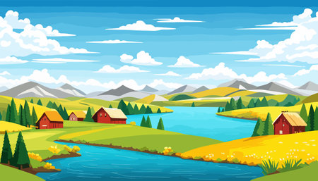 Vector illustration of a house in a rural area surrounded by panoramic meadows, mountains, and idyllic countryside.のイラスト素材
