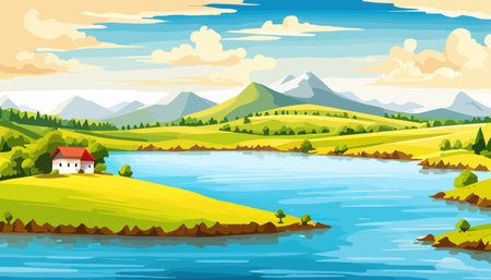 Vector illustration of a house in a rural area surrounded by panoramic meadows, mountains, and idyllic countryside.のイラスト素材