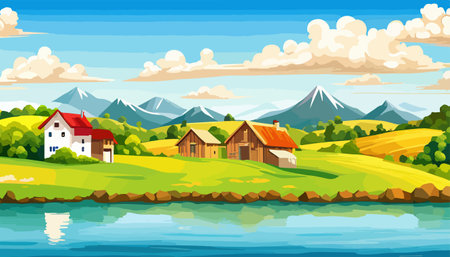 Vector illustration of a house in a rural area surrounded by panoramic meadows, mountains, and idyllic countryside.のイラスト素材