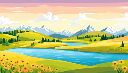 Vector illustration of a house in a rural area surrounded by panoramic meadows, mountains, and idyllic countryside.のイラスト素材