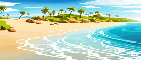 Top view of the summer sea beach. Top view of the ocean beach with soft waves. Beautiful background with shellsのイラスト素材