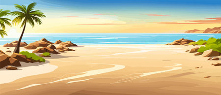 Top view of the summer sea beach. Top view of the ocean beach with soft waves. Beautiful background with shellsのイラスト素材