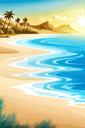 Top view of the summer sea beach. Top view of the ocean beach with soft waves. Beautiful background with shellsのイラスト素材