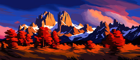 Vector autumn horizontal landscape with fog, forest, spruce, fir and morning sunlight. Autumn season Silhouette, fogのイラスト素材