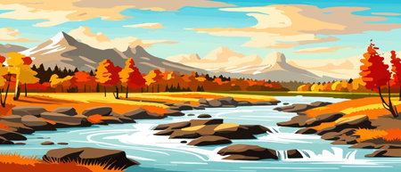 Autumn landscape with trees, mountains, fields, leaves. Rural landscape. Autumn background. Vector illustrationのイラスト素材