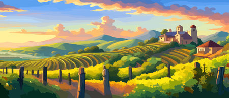 Rural landscape with a beautiful view of distant fields and hills vector illustration.のイラスト素材