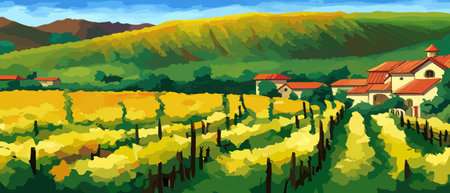 Rural landscape with a beautiful view of distant fields and hills vector illustration.のイラスト素材