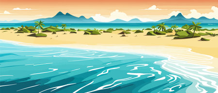 Top view of the summer sea beach. Top view of the ocean beach with soft waves. Beautiful background with shellsのイラスト素材