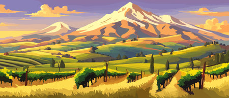 Rural landscape with a beautiful view of distant fields and hills vector illustration.のイラスト素材