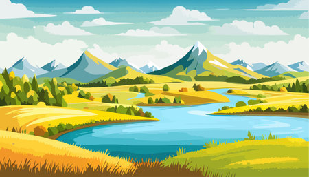 Vector illustration of a house in a rural area surrounded by panoramic meadows, mountains, and idyllic countryside.のイラスト素材