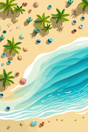 Top view of the summer sea beach. Top view of the ocean beach with soft waves. Beautiful background with shellsのイラスト素材