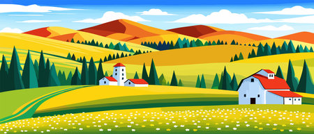 Landscape of green fields of farmland, barns and farms, rural houses. Vector grassland with buildings, green grassのイラスト素材