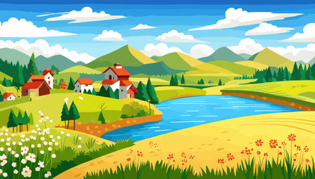 Vector illustration of a house in a rural area surrounded by panoramic meadows, mountains, and idyllic countryside.のイラスト素材