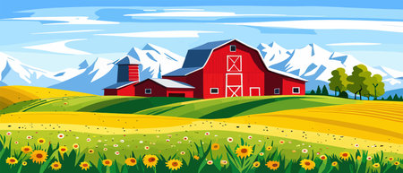 Landscape of green fields of farmland, barns and farms, rural houses. Vector grassland with buildings, green grassのイラスト素材