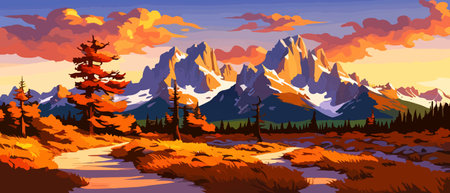 Vector autumn horizontal landscape with fog, forest, spruce, fir and morning sunlight. Autumn season Silhouette, fogのイラスト素材