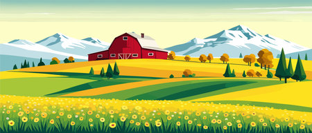 Landscape of green fields of farmland, barns and farms, rural houses. Vector grassland with buildings, green grassのイラスト素材