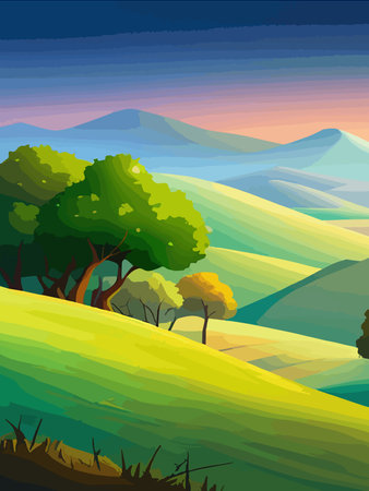 View of a green meadow on the hills with blue sky, vector cartoon spring or summer landscape, panoramic rural mountainのイラスト素材