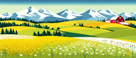 Landscape of green fields of farmland, barns and farms, rural houses. Vector grassland with buildings, green grassのイラスト素材