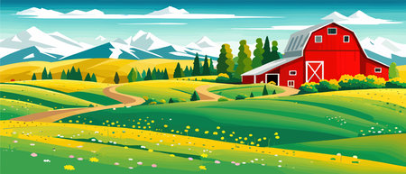 Landscape of green fields of farmland, barns and farms, rural houses. Vector grassland with buildings, green grassのイラスト素材