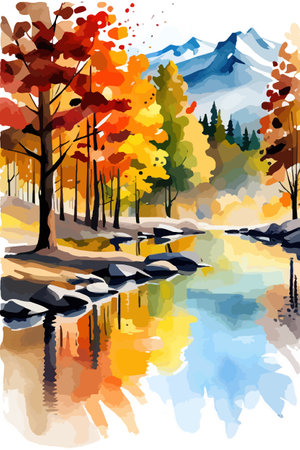 Watercolor landscape. Autumn forest on the lake shore vector illustration autumnal trees on the shore of calm forestのイラスト素材
