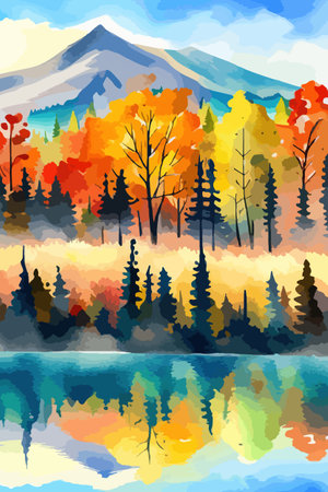 Watercolor landscape. Autumn forest on the lake shore vector illustration autumnal trees on the shore of calm forestのイラスト素材