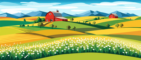 Landscape of green fields of farmland, barns and farms, rural houses. Vector grassland with buildings, green grassのイラスト素材
