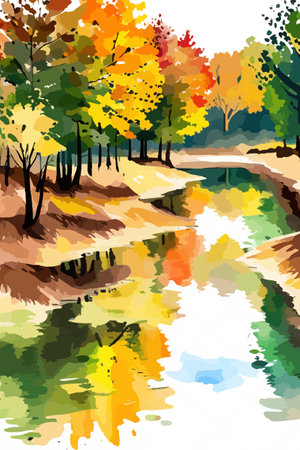 Watercolor landscape. Autumn forest on the lake shore vector illustration autumnal trees on the shore of calm forestのイラスト素材