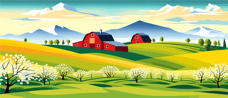 Landscape of green fields of farmland, barns and farms, rural houses. Vector grassland with buildings, green grassのイラスト素材