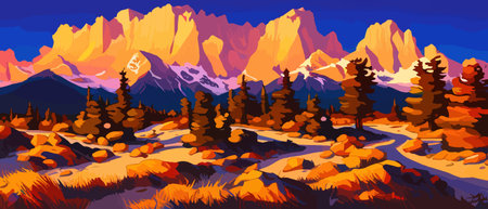 Vector autumn horizontal landscape with fog, forest, spruce, fir and morning sunlight. Autumn season Silhouette, fogのイラスト素材