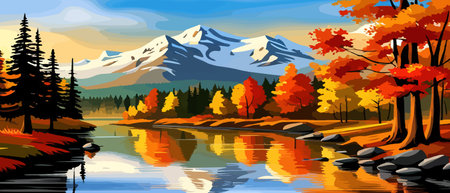 Autumn landscape with trees, mountains, fields, leaves. Rural landscape. Autumn background. Vector illustrationのイラスト素材