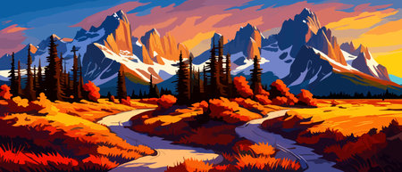 Vector autumn horizontal landscape with fog, forest, spruce, fir and morning sunlight. Autumn season Silhouette, fogのイラスト素材