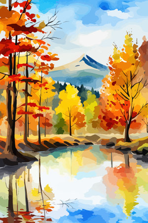 Watercolor landscape. Autumn forest on the lake shore vector illustration autumnal trees on the shore of calm forestのイラスト素材