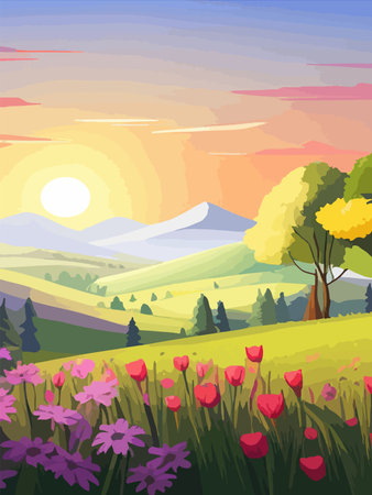 View of a green meadow on the hills with blue sky, vector cartoon spring or summer landscape, panoramic rural mountainのイラスト素材