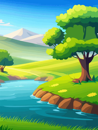 View of a green meadow on the hills with blue sky, vector cartoon spring or summer landscape, panoramic rural mountainのイラスト素材