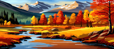 Autumn landscape with trees, mountains, fields, leaves. Rural landscape. Autumn background. Vector illustrationのイラスト素材