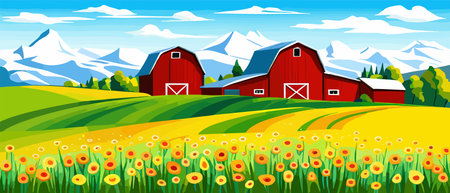 Landscape of green fields of farmland, barns and farms, rural houses. Vector grassland with buildings, green grassのイラスト素材