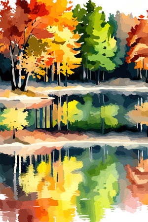 Watercolor landscape. Autumn forest on the lake shore vector illustration autumnal trees on the shore of calm forestのイラスト素材