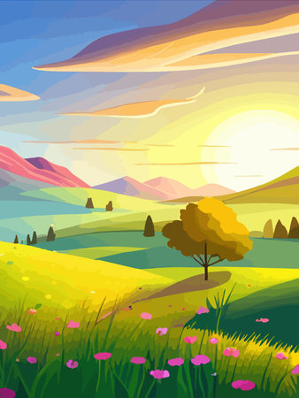 View of a green meadow on the hills with blue sky, vector cartoon spring or summer landscape, panoramic rural mountainのイラスト素材
