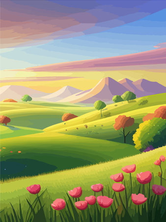View of a green meadow on the hills with blue sky, vector cartoon spring or summer landscape, panoramic rural mountainのイラスト素材
